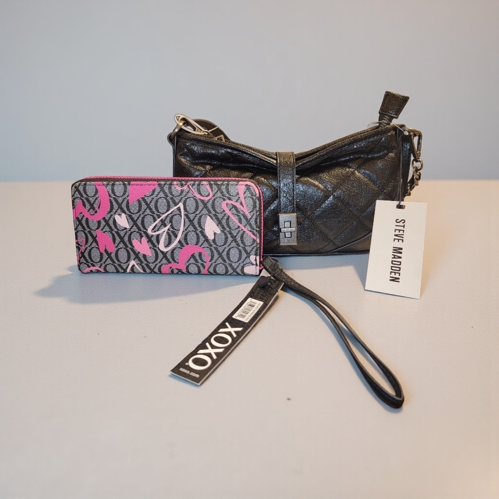 Steve Madden Black Quilted Shoulder Bag 🖤👜 with Pink XOXO Wallet 💗💋💄